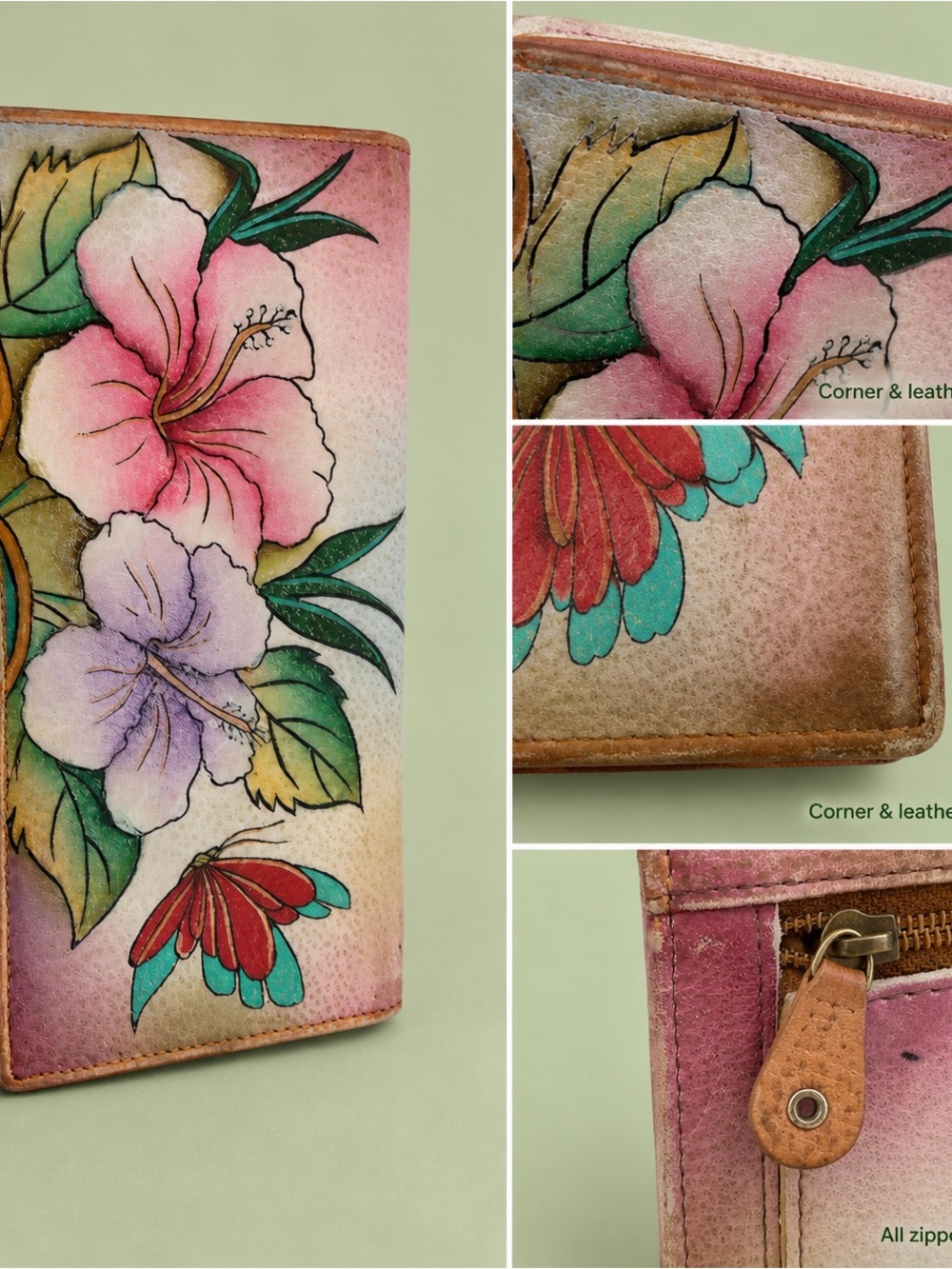 Anuschka Hand-Painted Floral Leather Wallet in Pink, Green, Purple